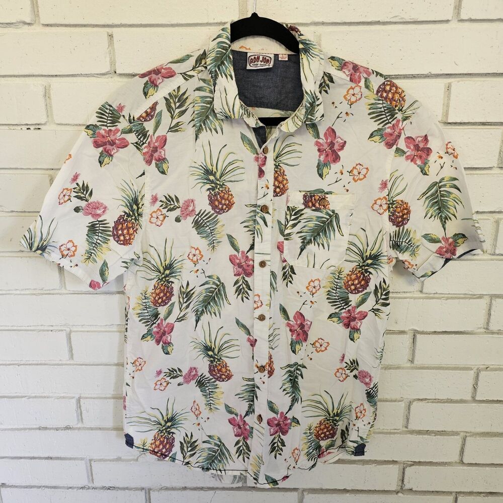 Ron Jon Surf Shop Shirt Mens Large Floral Pineapple Short Sleeve Button Hawaiian